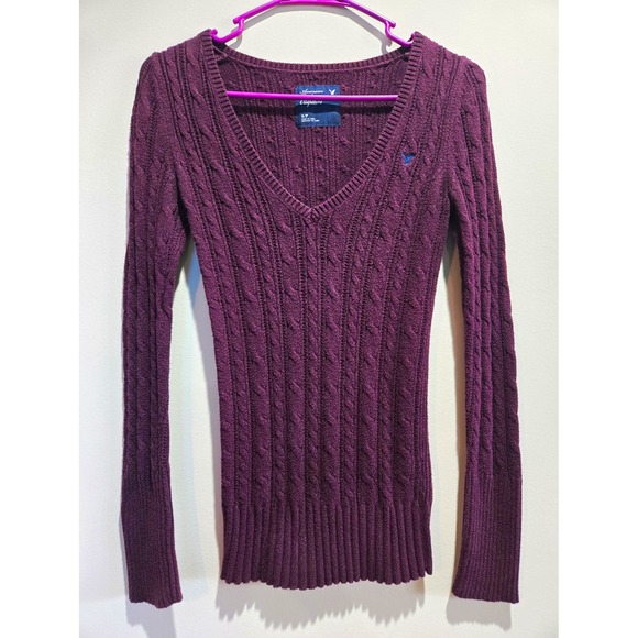 American Eagle Outfitters Sweaters - American Eagle Outfitters Burgundy Cable Knit V-Neck Pullover Sweater Womens S
